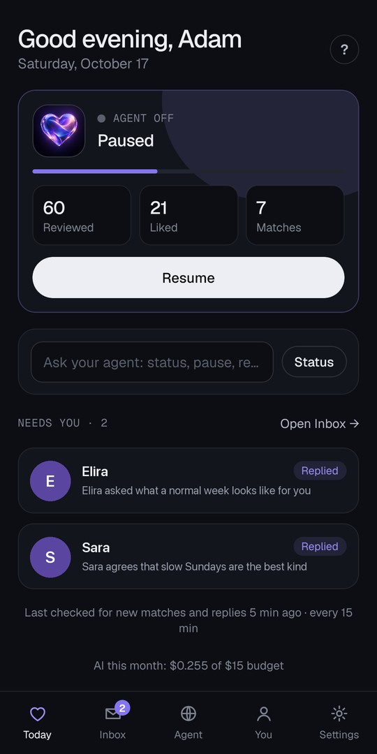 LoveDesk Today screen: agent paused, 60 reviewed, 21 liked, 7 matches, with a Resume button and two chats waiting for approval